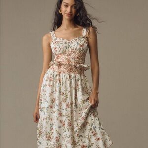 Anthropologie Dress Sleeveless Smocked Waist Ruffled Midi Floral Sweetheart S